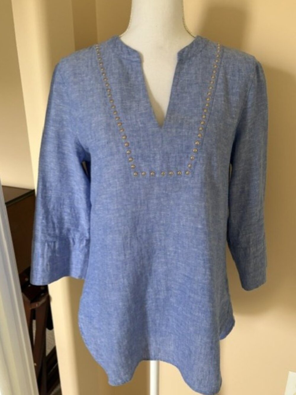 IVANKA TRUMP DENIM EMBELLISHED BLOUSE